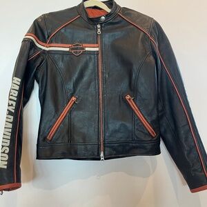 Harley-Davidson Women’s Leather Jacket Black/Orange Logo Lined Biker Coat Small